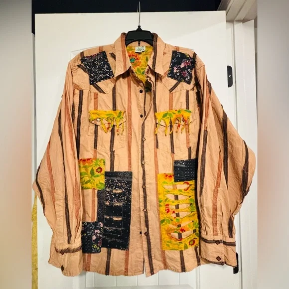 Jaded Gypsy Striped Button-Up Shirt with Colorful Patches/Boho-Urban Style,L/XL